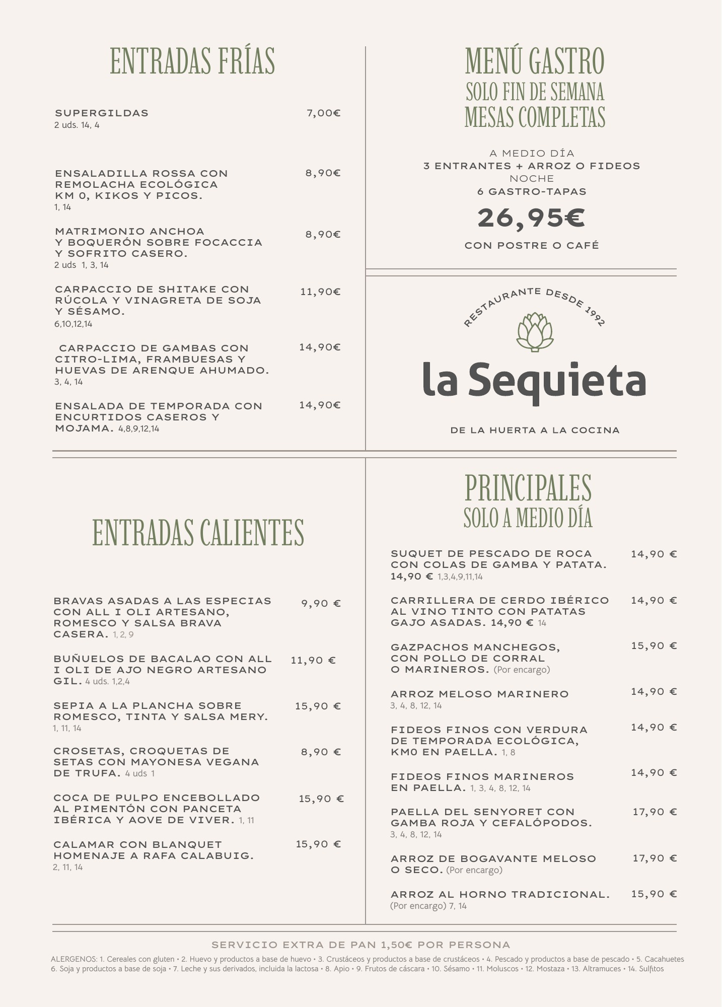 Carta de La Sequieta en Alaquàs, octubre de 2026: entrantes, arroces y menú gastro