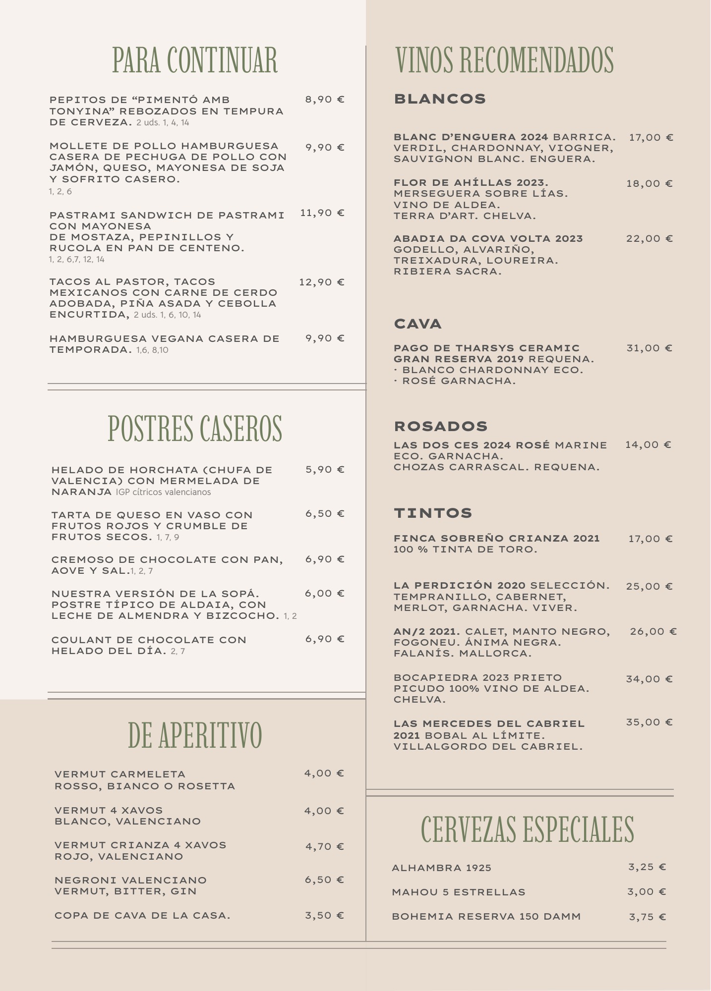 Carta de La Sequieta en Alaquàs, octubre de 2026: tapas, postres, vinos y bebidas